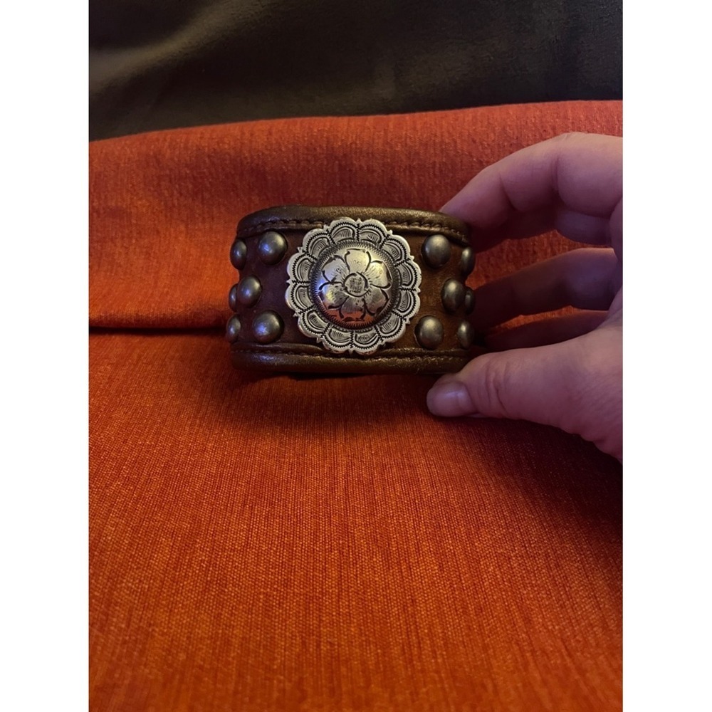 Southwestern Brown Leather Studded Cuff Bracelet Floral Concho Cowgirl Horse